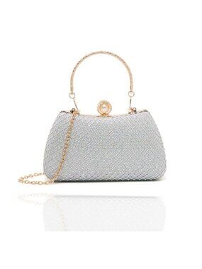 Sparkling Glitter Clutch Purse, Pearl Buckle, Detachable Chains, Crossbody
